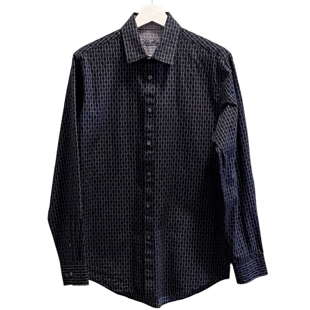 NWOT VAN HEUSEN Mens Small 14/14.5 Black White Print Long Sleeve Dress Shirt